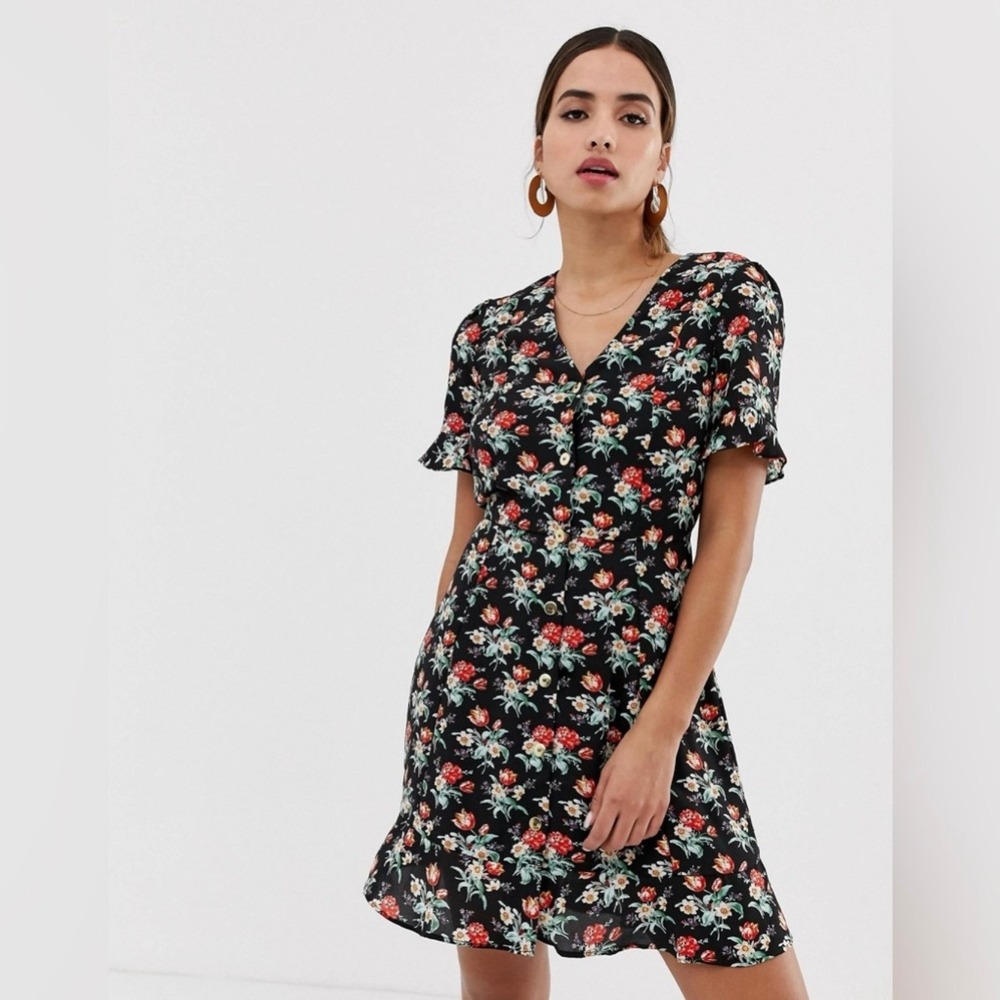 Oasis Dress Womens US 6 UK 8 Black Floral V-Neck Short Sleeve Button Down Party